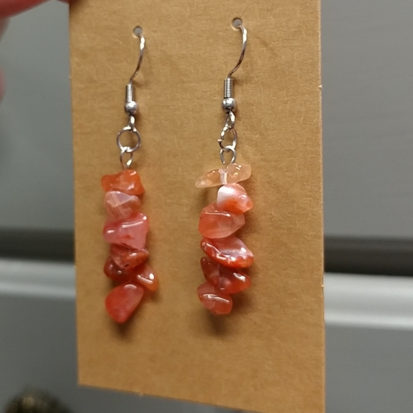 Rhodonite Earrings Natural Gemstone Chip Beaded Surgical Stainless-Steel Hooks - Picture 8 of 13